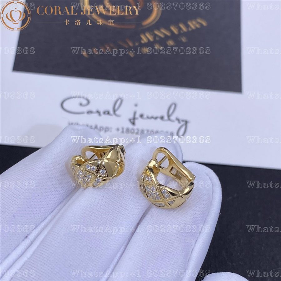 Chanel Coco Crush Earrings Quilted Motif 18k Yellow Gold Diamonds J11755 Coral (4)