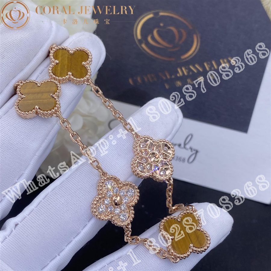 Van Cleef Arpels Vintage Alhambra Bracelet 5 Motifs 18k Rose Gold Diamond Tiger Eye (7)