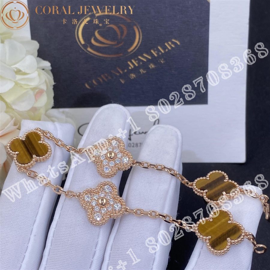 Van Cleef Arpels Vintage Alhambra Bracelet 5 Motifs 18k Rose Gold Diamond Tiger Eye (8)