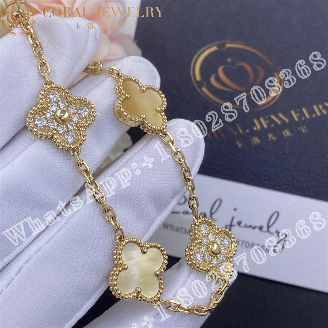 Van Cleef Arpels Vintage Alhambra Bracelet 5 Motifs 18k Yellow Gold Diamond Golden Mother Of Pearl Coral (1)