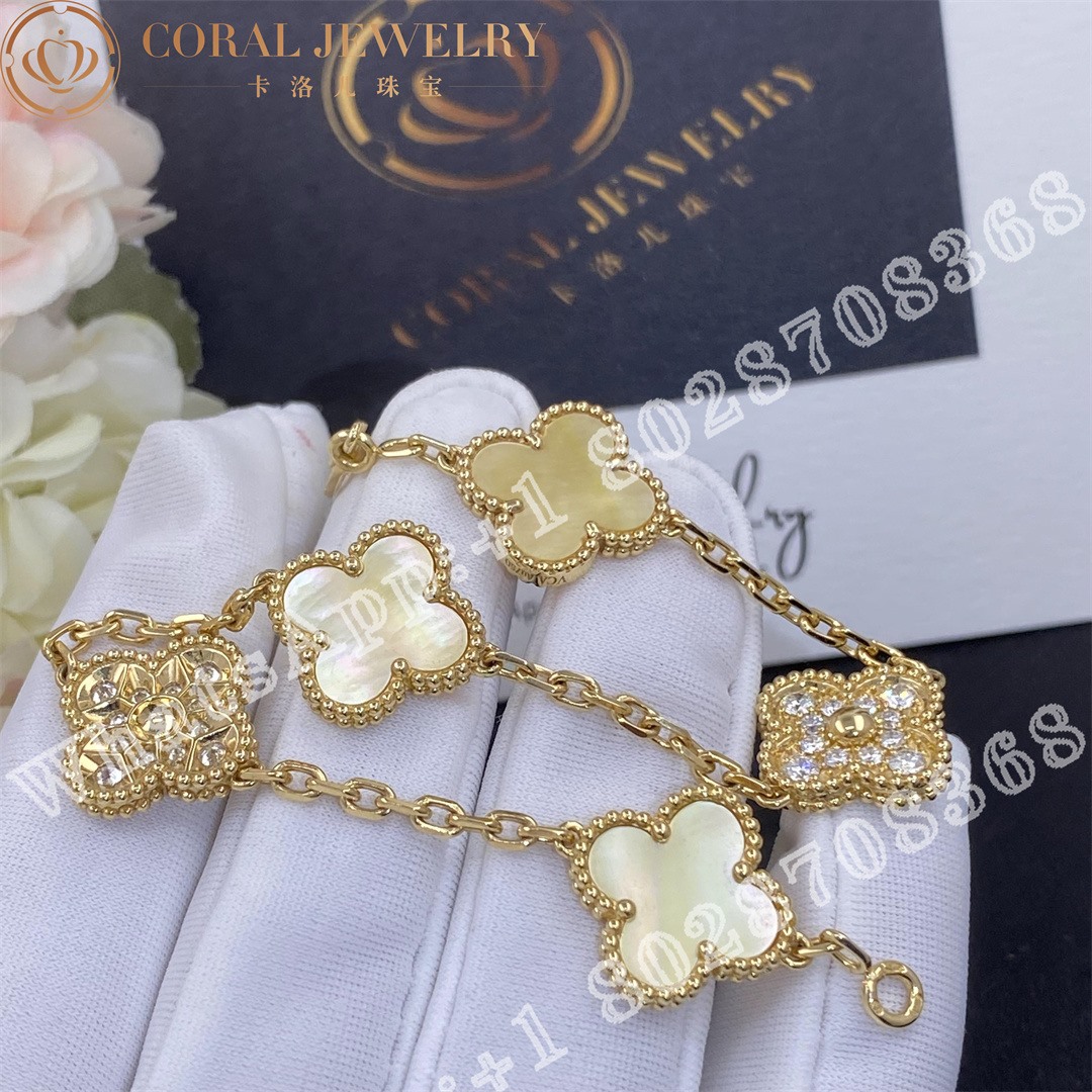 Van Cleef Arpels Vintage Alhambra Bracelet 5 Motifs 18k Yellow Gold Diamond Golden Mother Of Pearl Coral (6)