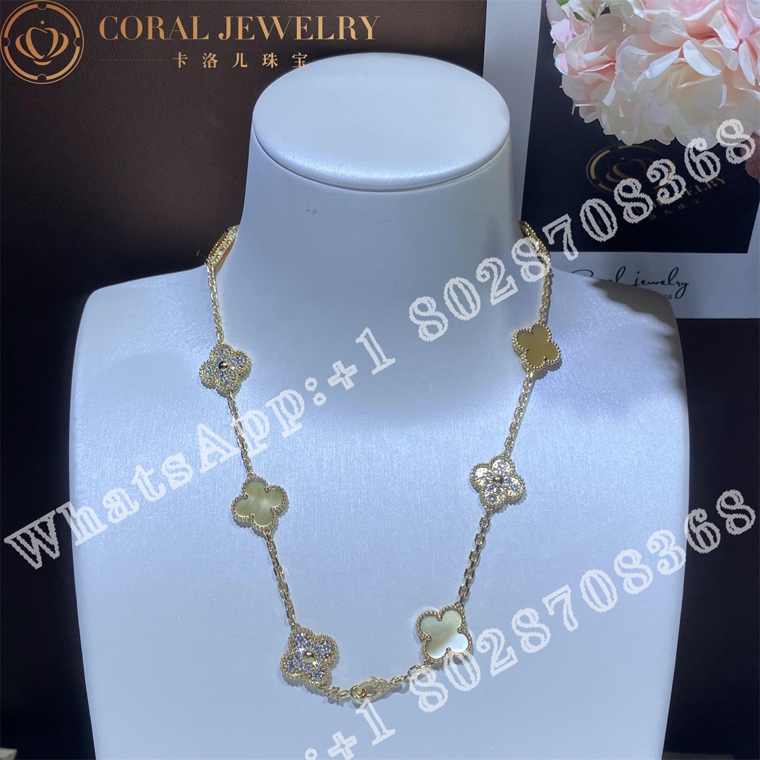 Van Cleef Arpels Vintage Alhambra Necklace 10 Motifs 18k Yellow Gold Golden Mother Of Pearl Coral (12)