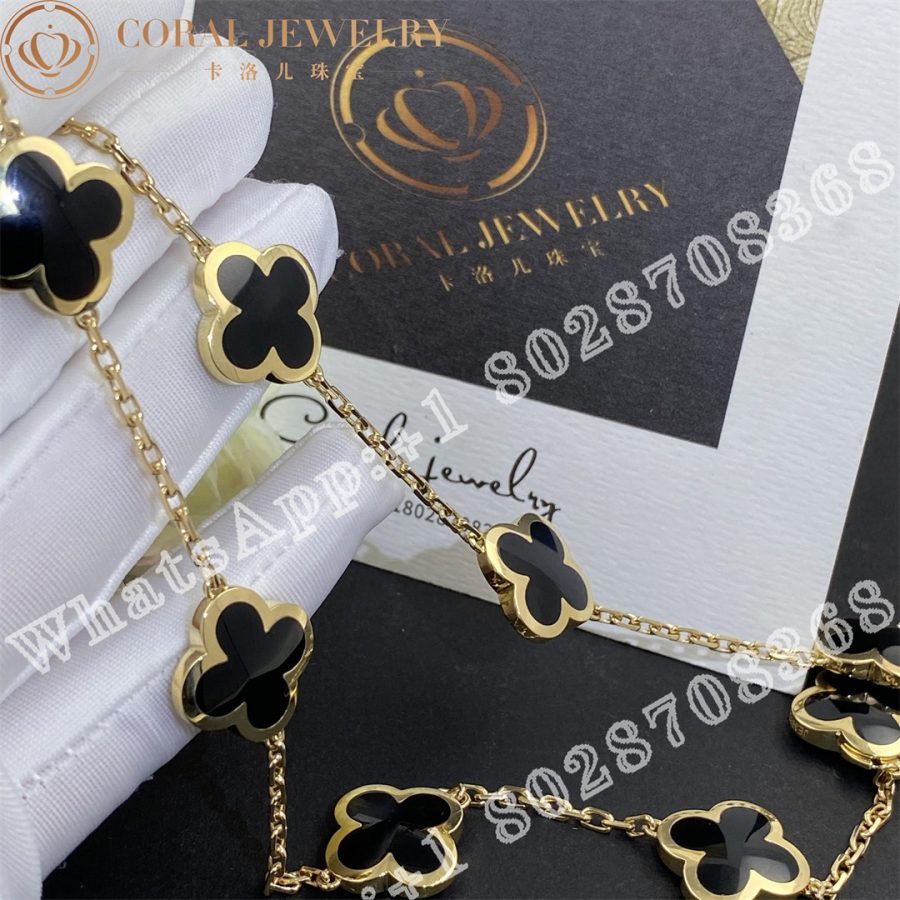 Van Cleef Arpels Yellow Gold Onyx Pure Alhambra 9 Motif Long Necklace Coral (13)