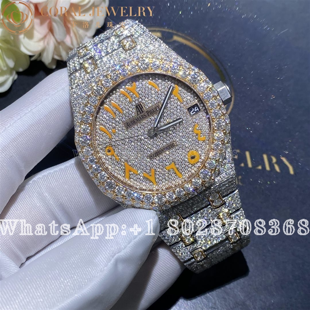 Audemars Piguet Royal Oak Steel Two Tone Rose Gold 41mm Moissanite Diamond Watch 25ct Coral (2)