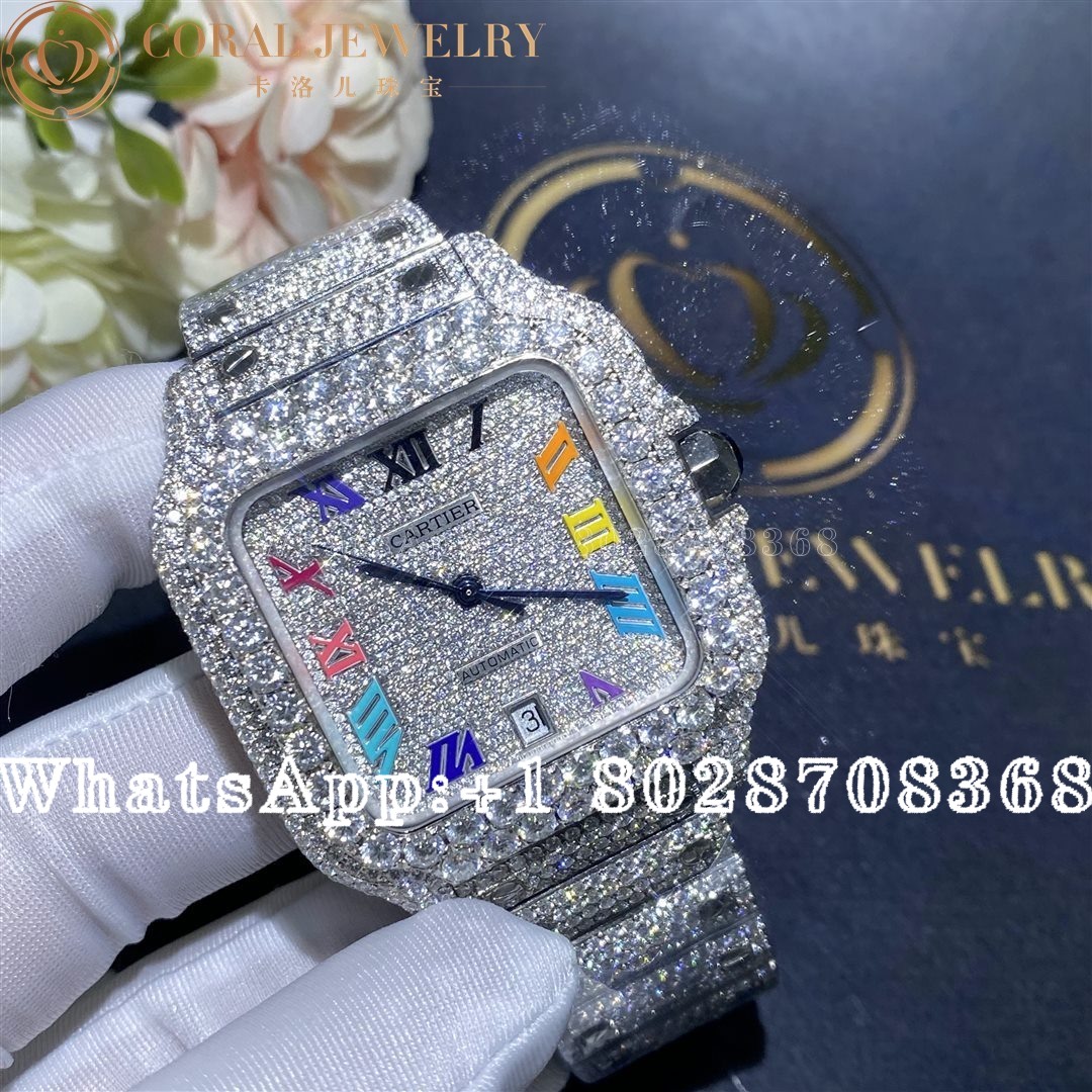 Cartier Santos 41mm Moissanite Diamond Watch 20ct Colored Roman Numerals Coral (2)