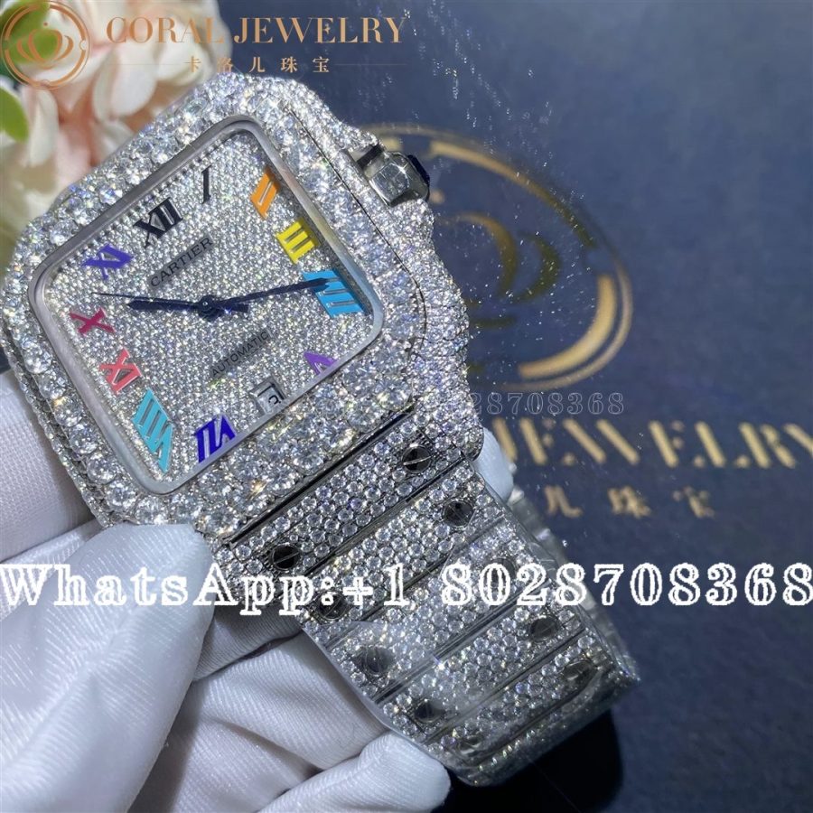 Cartier Santos 41mm Moissanite Diamond Watch 20ct Colored Roman Numerals Coral (6)