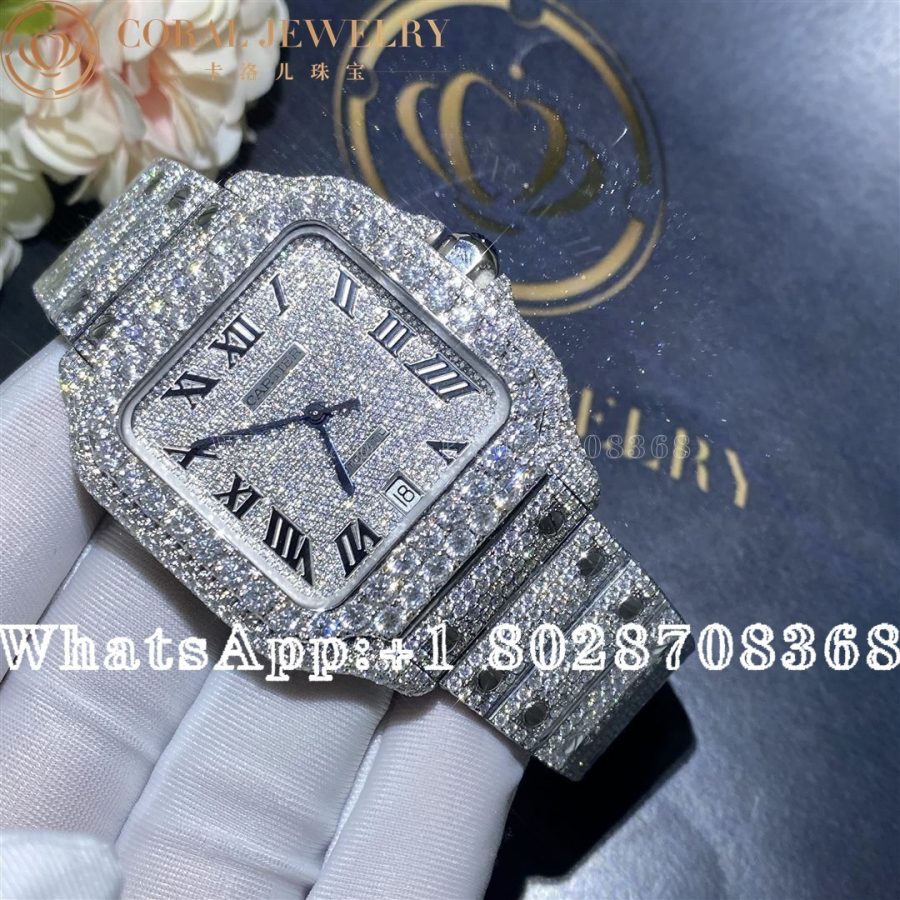 Cartier Santos 41mm Moissanite Diamond Watch 20ct Coral (2)