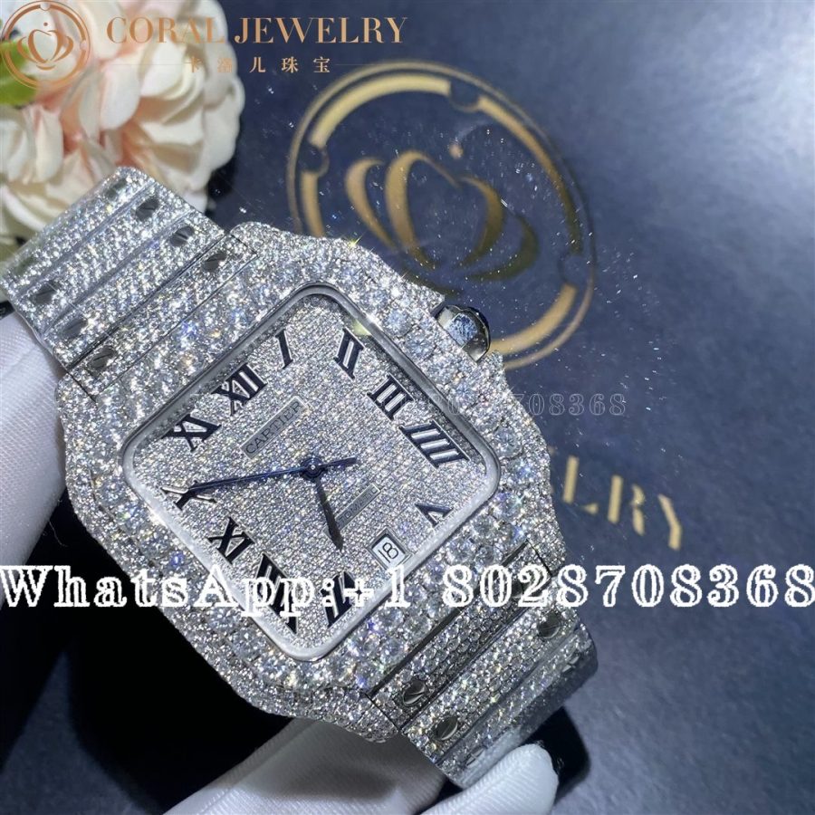 Cartier Santos 41mm Moissanite Diamond Watch 20ct Coral (4)