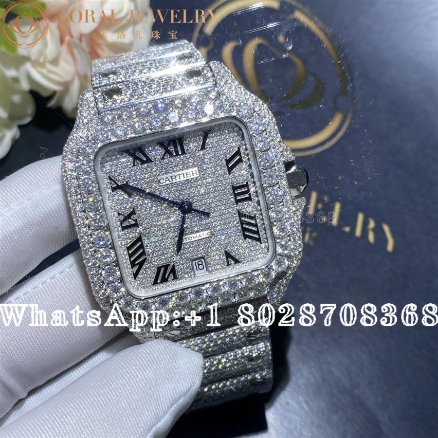 Cartier Santos 41mm Moissanite Diamond Watch 20ct Coral (5)