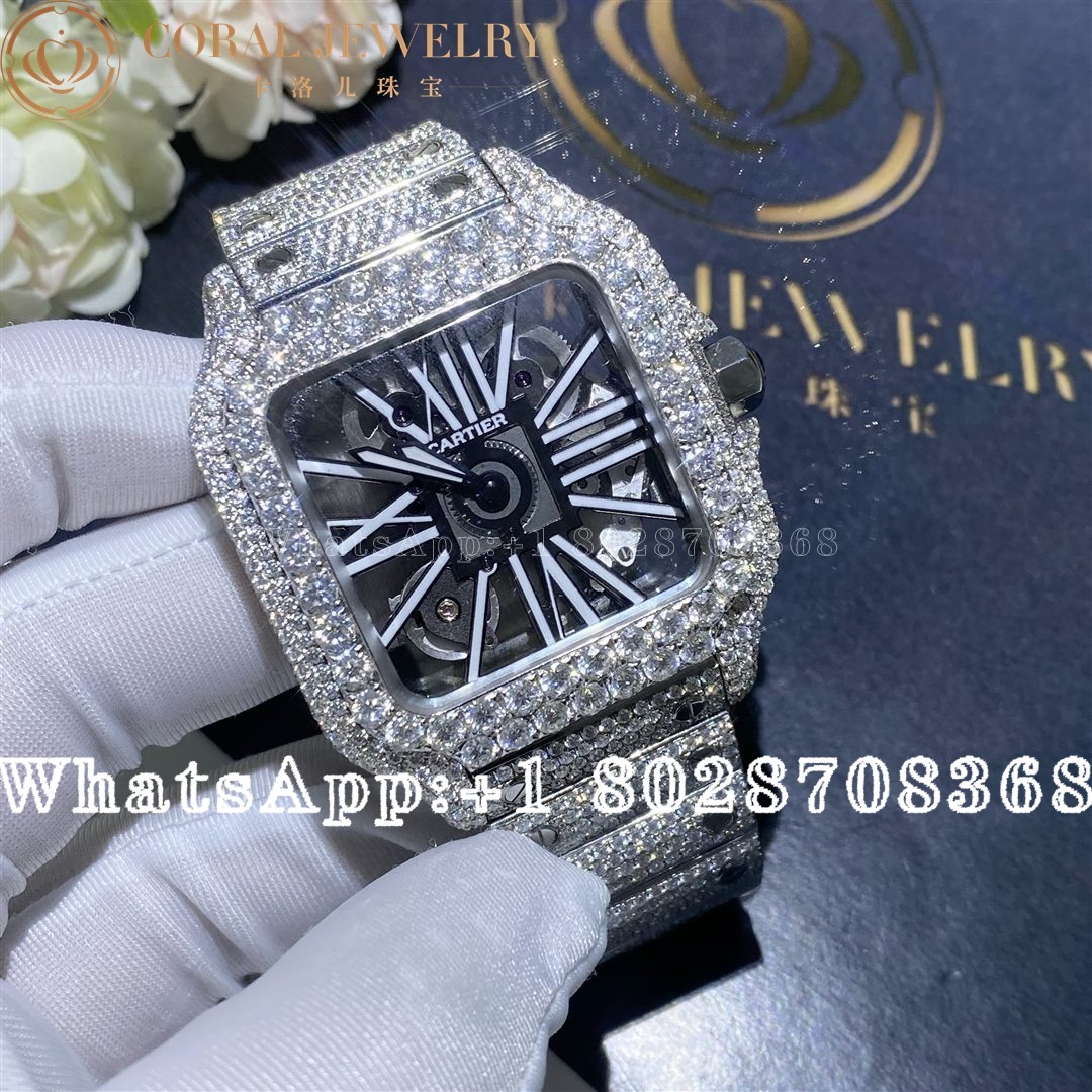 Cartier Santos Skeleton 41mm Moissanite Diamond Watch 20ct Coral (1)