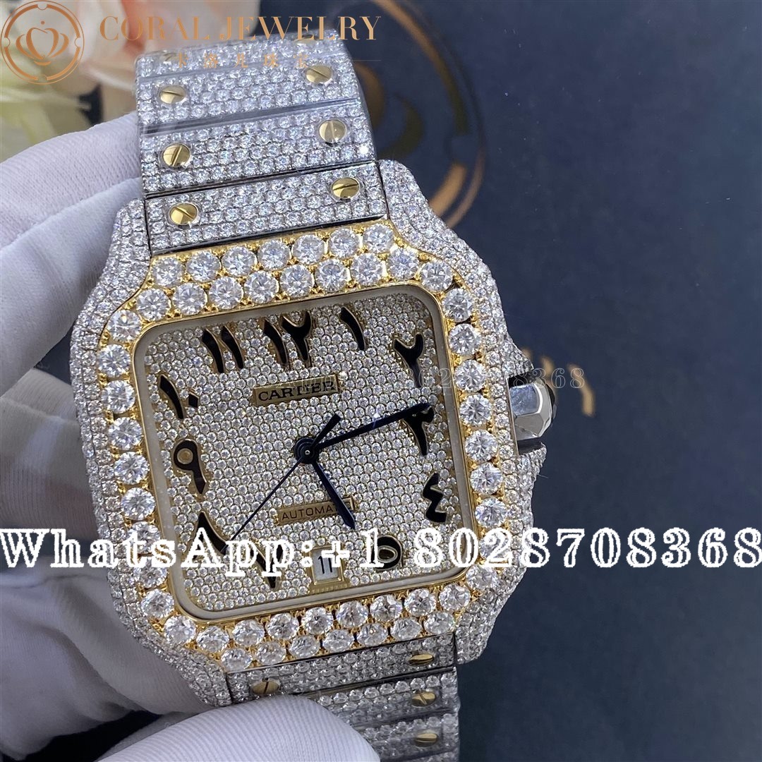 Cartier Santos Two Tone Yellow Gold 41mm Moissanite Diamond Watch 20ct Arabic Numerals Coral (2)