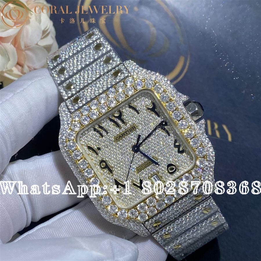 Cartier Santos Two Tone Yellow Gold 41mm Moissanite Diamond Watch 20ct Arabic Numerals Coral (4)