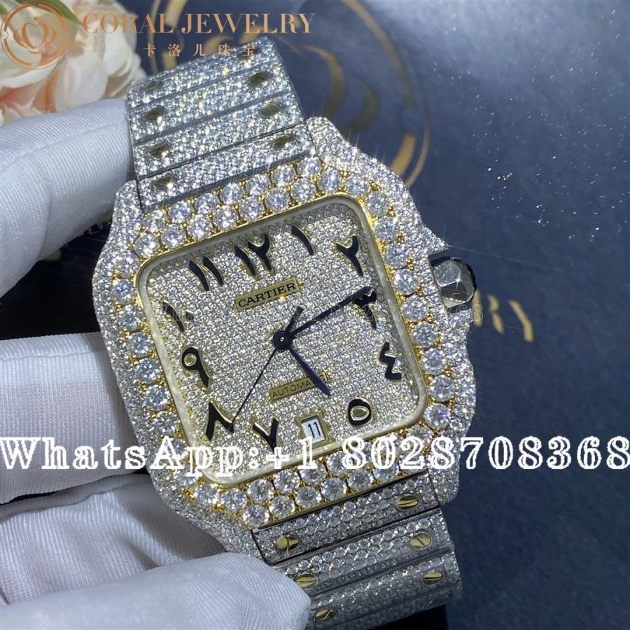 Cartier Santos Two Tone Yellow Gold 41mm Moissanite Diamond Watch 20ct Arabic Numerals Coral (5)