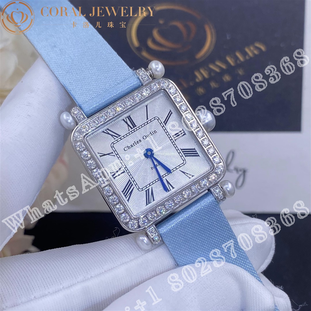 Charles Oudin Pansy Retro 24mm Medium 18 Karat White Gold Satin Pearl And Diamond Watch Coral (3)