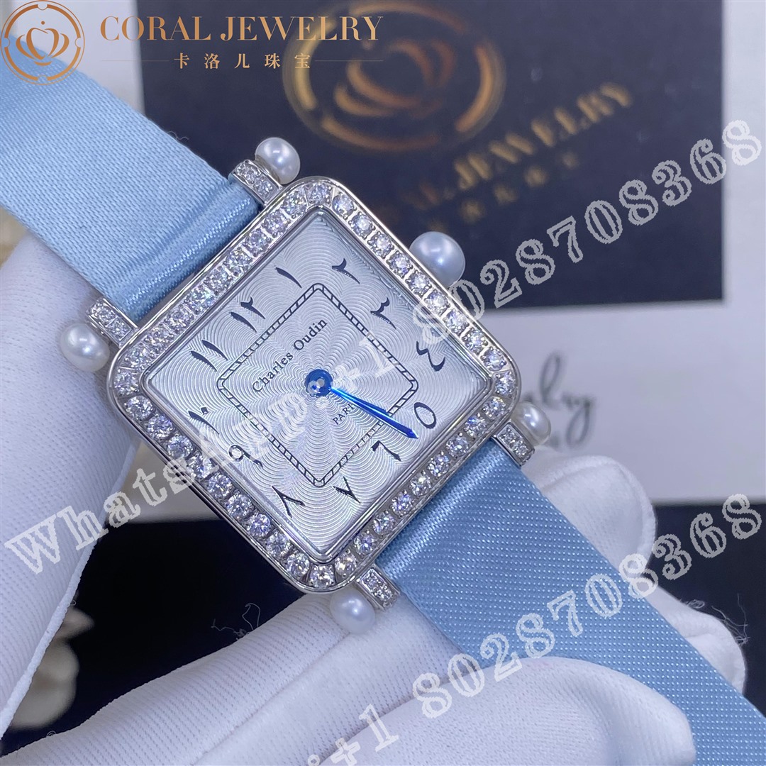 Charles Oudin Pansy Retro With Pearls Watch Medium 24mm Arabic Style Baby Blue Straps Coral (1)