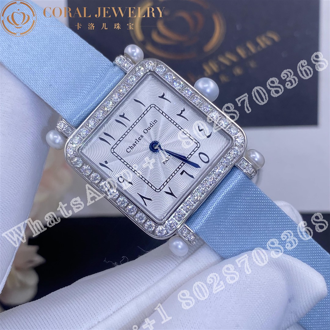 Charles Oudin Pansy Retro With Pearls Watch Medium 24mm Arabic Style Baby Blue Straps Coral (3)