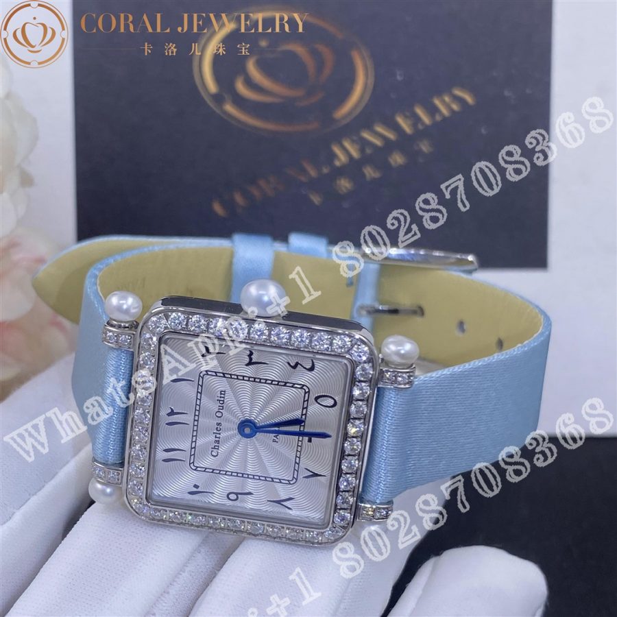 Charles Oudin Pansy Retro With Pearls Watch Medium 24mm Arabic Style Baby Blue Straps Coral (5)