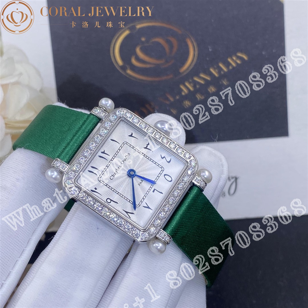 Charles Oudin Pansy Retro With Pearls Watch Medium 24mm Arabic Style Green Straps Coral (3)