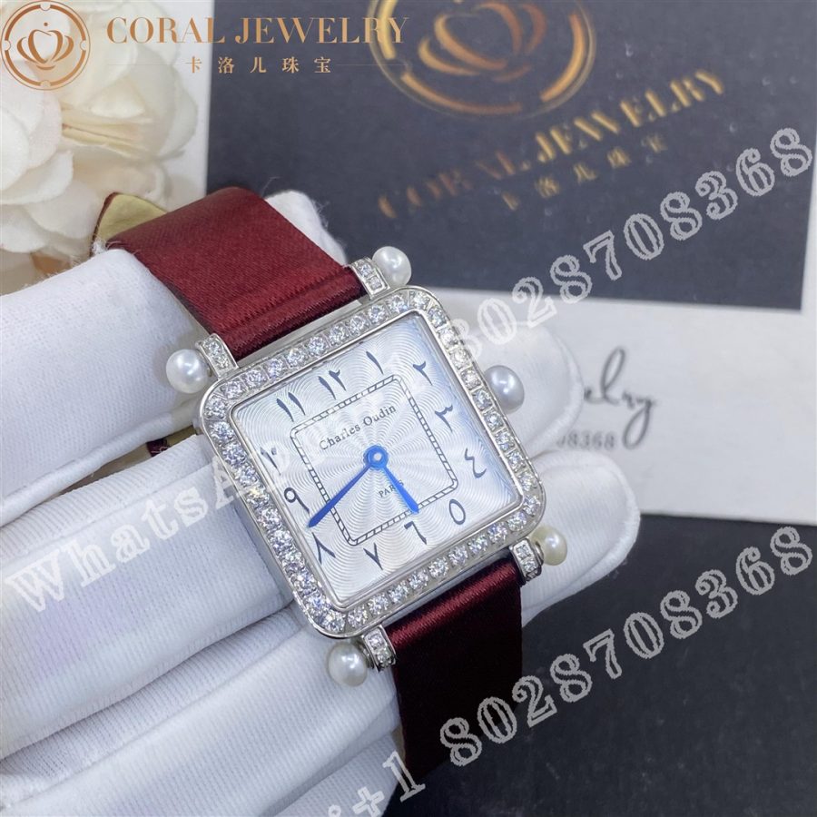 Charles Oudin Pansy Retro With Pearls Watch Medium 24mm Arabic Style Maroon Straps Custom Watches Coral (4)