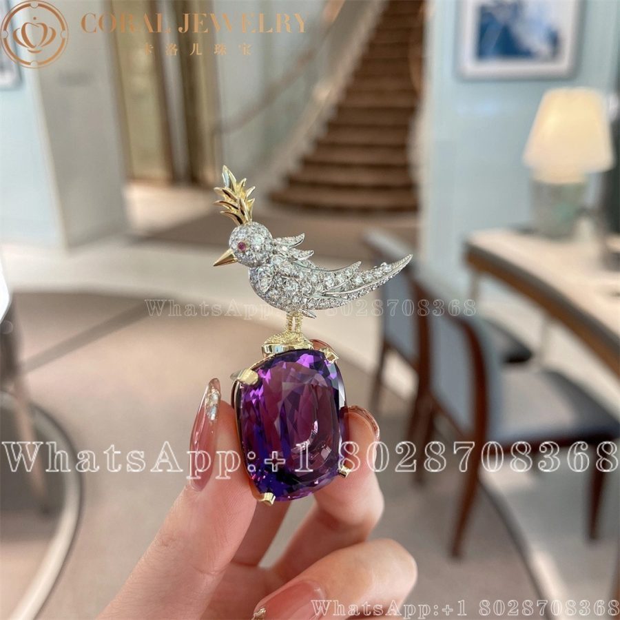 Tiffany Co Schlumberger Amethyst Diamond Gold Bird On A Rock Brooch Coral (3)