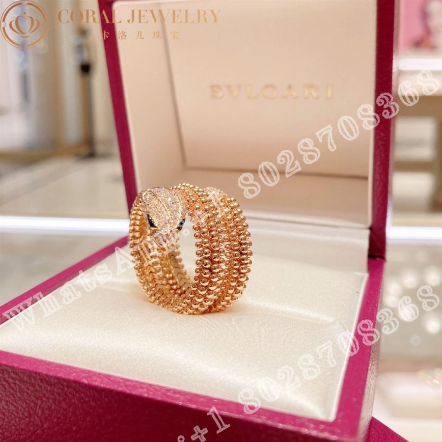 Bulgari Serpenti Ring In 18 Kt Rose Gold With Pave Diamonds And Black Onyx Eyes Ref 358657 Coral (14)