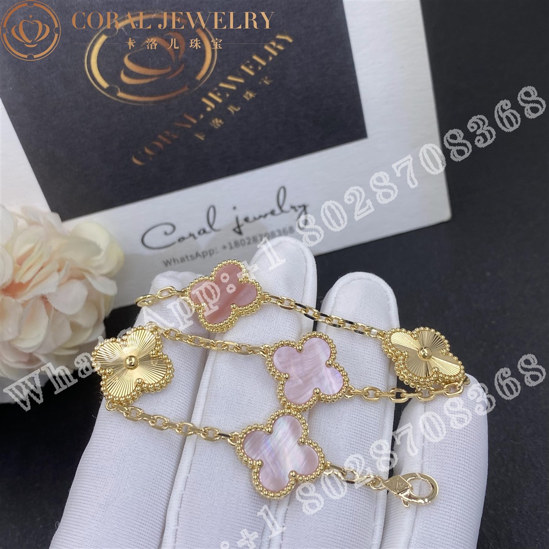 Van Cleef Arpels Vintage Alhambra Bracelet 5 Motifs Yellow Gold Guilloche And Pink Mother Of Pearl Coral (2)