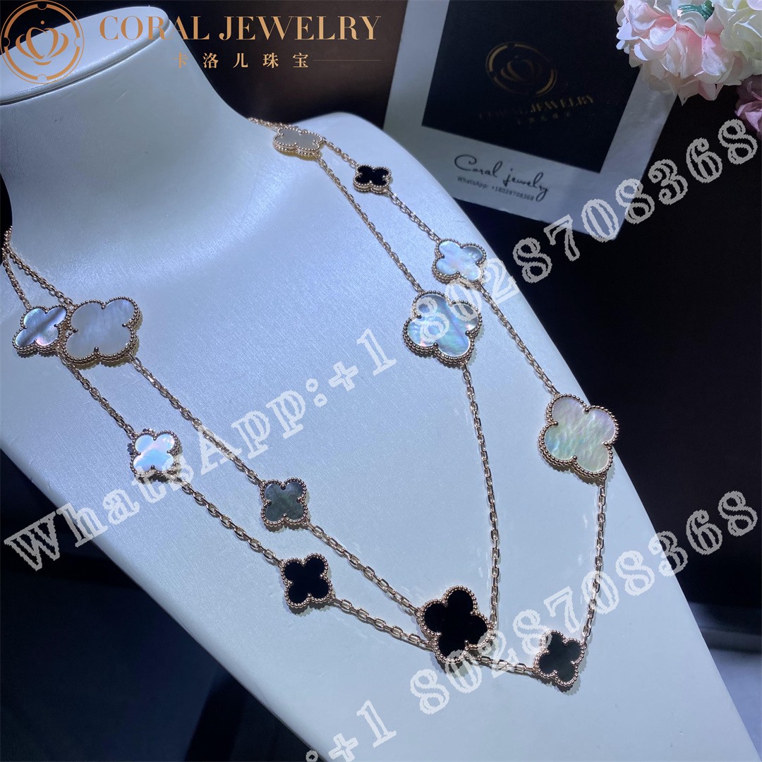 Van Cleef Arpels Magic Alhambra Long Necklace 16 Motifs Rose Gold Mother Of Pearl Onyx Coral (2)