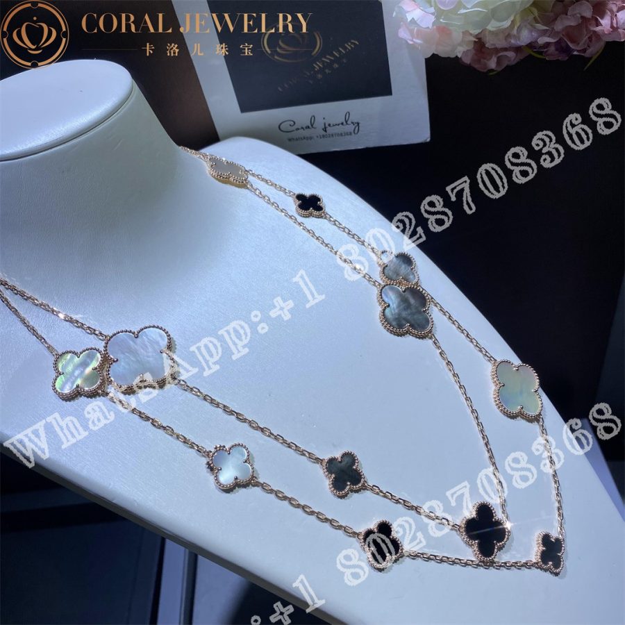 Van Cleef Arpels Magic Alhambra Long Necklace 16 Motifs Rose Gold Mother Of Pearl Onyx Coral (9)