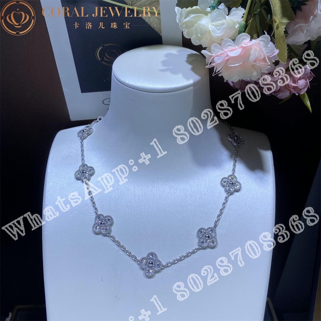 Van Cleef Arpels Vvintage Alhambra Necklace 10 Motifs 18k White Gold Diamond Vcara42400 Coral (23)