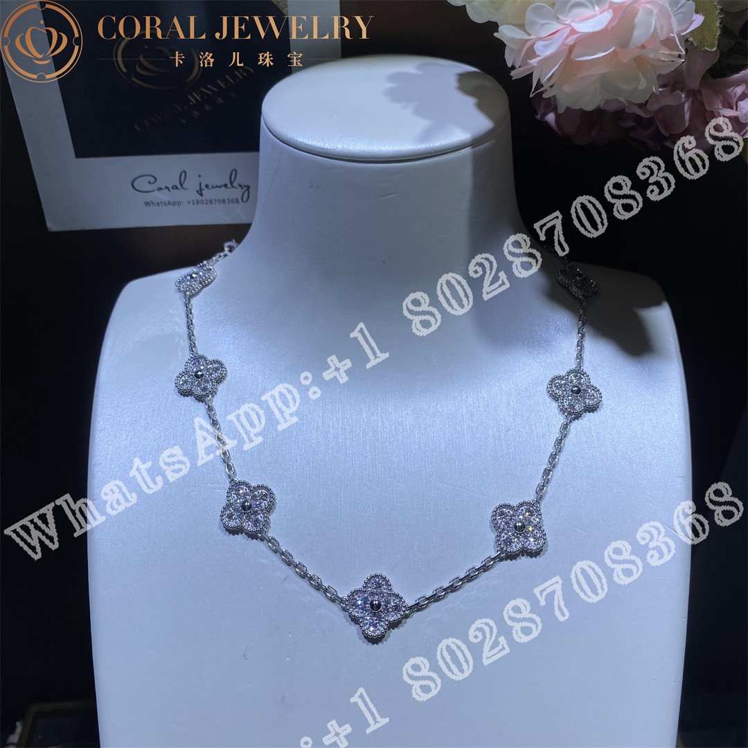 Van Cleef Arpels Vvintage Alhambra Necklace 10 Motifs 18k White Gold Diamond Vcara42400 Coral (26)