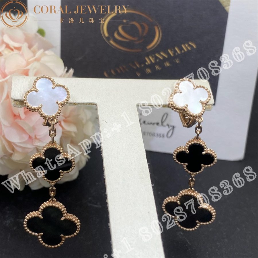 Van Cleef Arpels Magic Alhambra Earrings 3 Motifs Rose Gold Mother Of Pearl Onyx Coral (10)