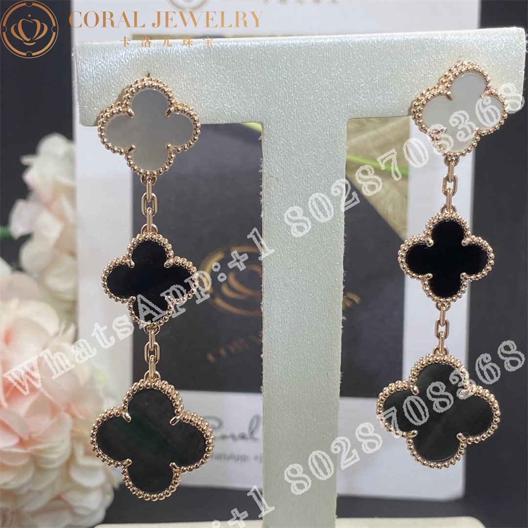 Van Cleef Arpels Magic Alhambra Earrings 3 Motifs Rose Gold Mother Of Pearl Onyx Coral (11)