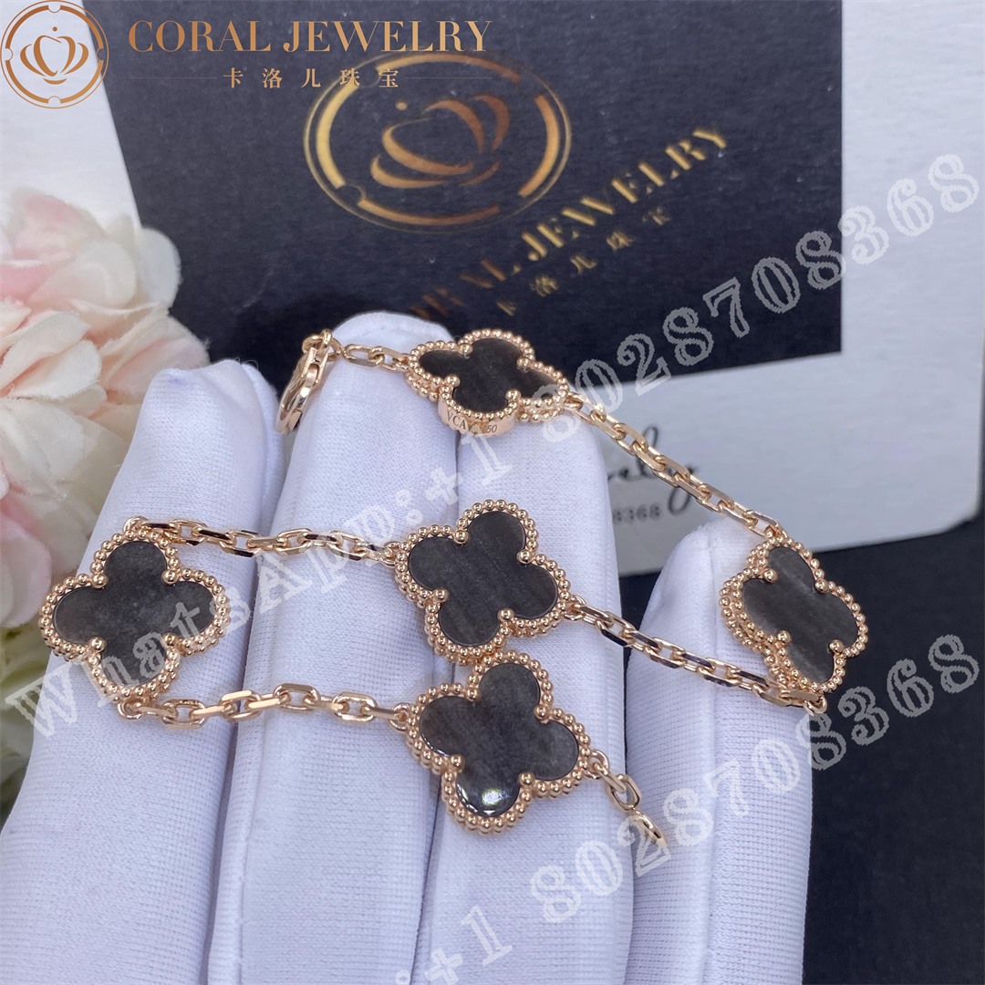 Van Cleef Arpels Vintage Alhambra Bracelet 5 Motifs Rose Gold Silver Obsidian Coral (4)